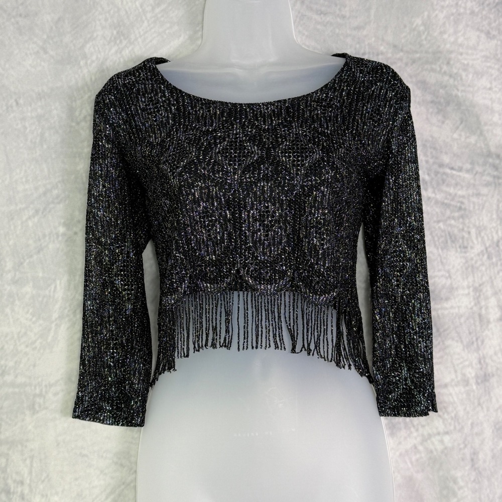 Vtg y2k Knit Works Black Sparkle Fringe Top sz M Whimsigoth witchy going out